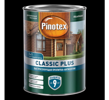 Быстросохнущая пропитка-антисептик 3 в 1 Pinotex Classic Plus для древесины ель натуральная (0,9л) фото 1